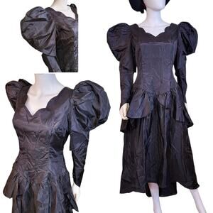 1980s does 1890s Vamp Leg of Mutton Sleeve Black Midi Hi Low Bow Ruffled Dress